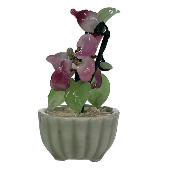 Asian Glass Bonsai Shell Flower Tree Jade Green Planter Pot Pink Green - Picture 5 of 10